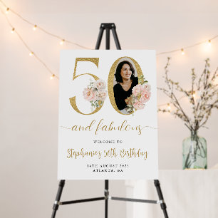 Blush Pink Floral Photo 50th Birthday Welcome Sign