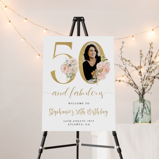 Blush Pink Floral Photo 50th Birthday Welcome Sign (In Situ (Stand))