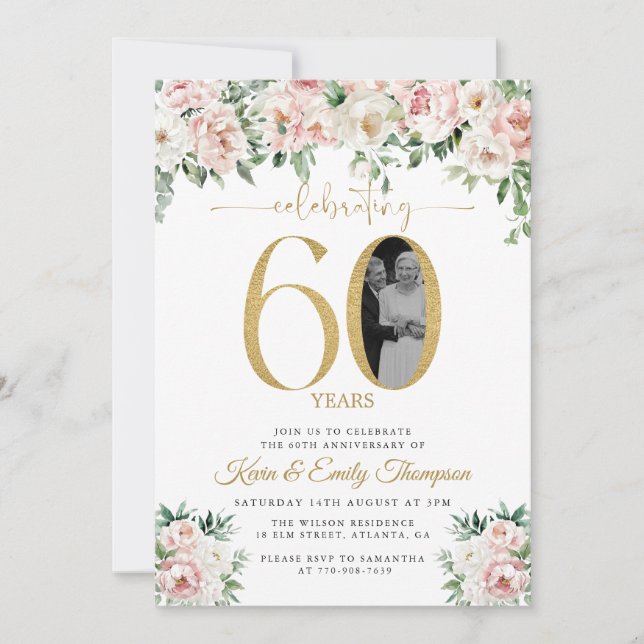 Blush Pink Floral Photo 60th Anniversary Invitation (Front)