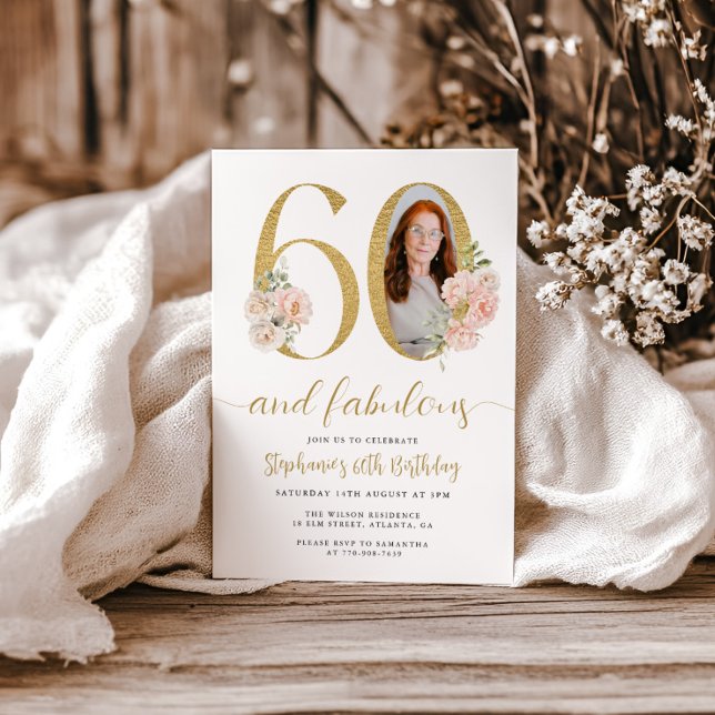 Blush Pink Floral Photo 60th Birthday Invitation (Creator Uploaded)