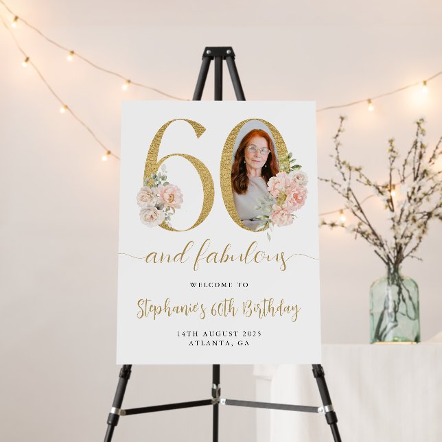 Blush Pink Floral Photo 60th Birthday Welcome Sign (In Situ (Stand))