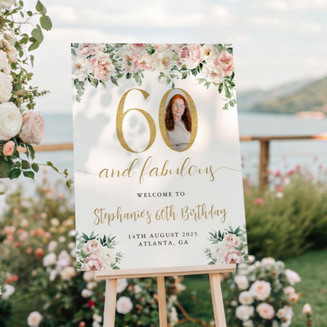 Blush Pink Floral Photo 60th Birthday Welcome Sign (Creator Uploaded)