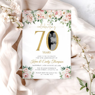 Blush Pink Floral Photo 70th Anniversary Invitation