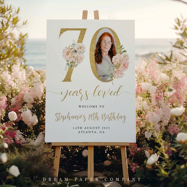 Blush Pink Floral Photo 70th Birthday Welcome Sign (Creator Uploaded)