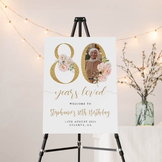 Blush Pink Floral Photo 80th Birthday Welcome Sign (In Situ (Stand))
