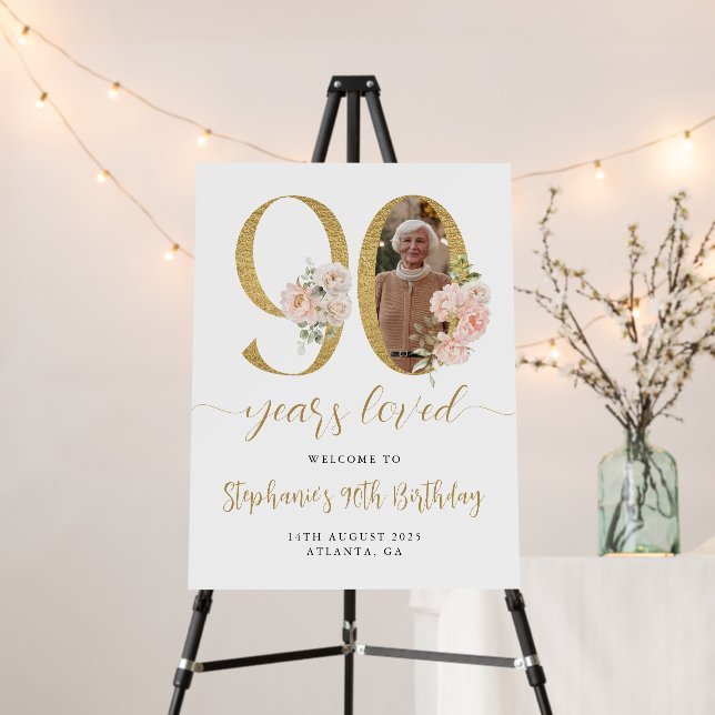 Blush Pink Floral Photo 90th Birthday Welcome Sign (In Situ (Stand))