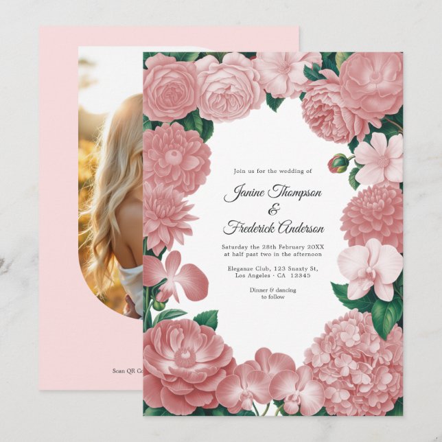 Blush Pink Floral Photo and QR Code Wedding Invitation (Front/Back)