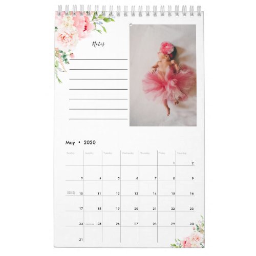 Blush Pink Floral Photo Calendar With Notes