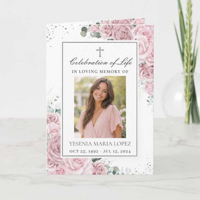 Blush Pink Floral Photo Christian Funeral Memorial Program (Front)