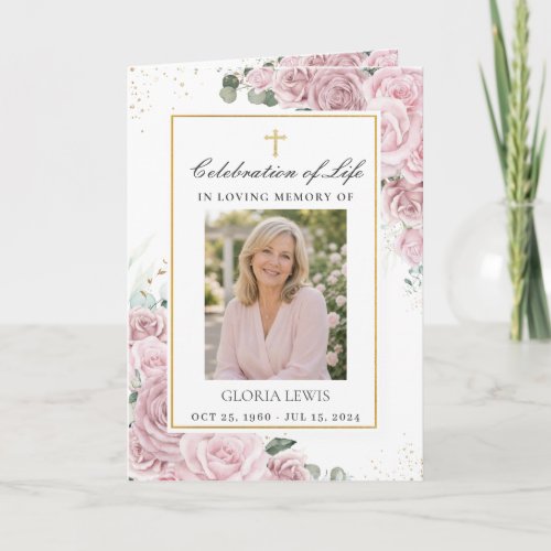 Blush Pink Floral Photo Christian Funeral Memorial Program