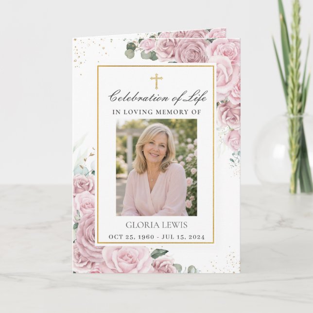 Blush Pink Floral Photo Christian Funeral Memorial Program (Front)