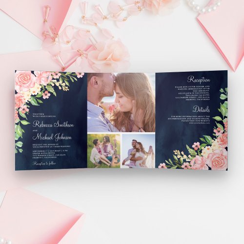 Blush Pink Floral Photo Collage Navy Blue Wedding  Tri_Fold Invitation