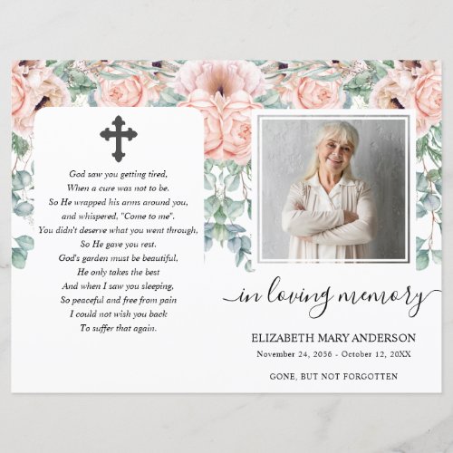 Blush Pink Floral Photo Funeral Full Program