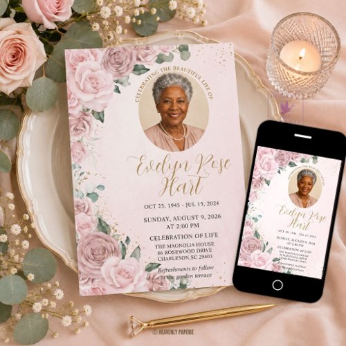 Blush Pink Floral Photo Funeral Life Celebration  Invitation