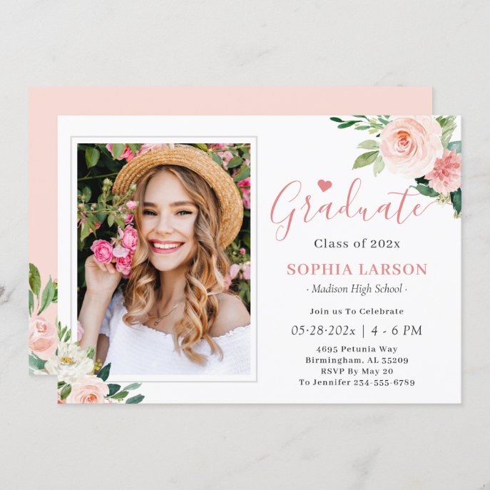 Blush Pink Floral Photo Graduation Celebration Invitation