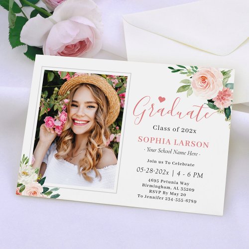 Blush Pink Floral Photo Graduation Celebration Invitation