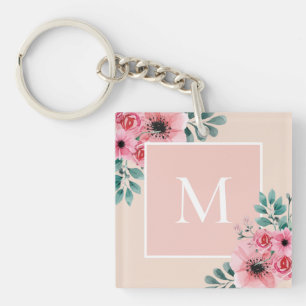 Blush Pink   Floral Photo Monogram Keychain