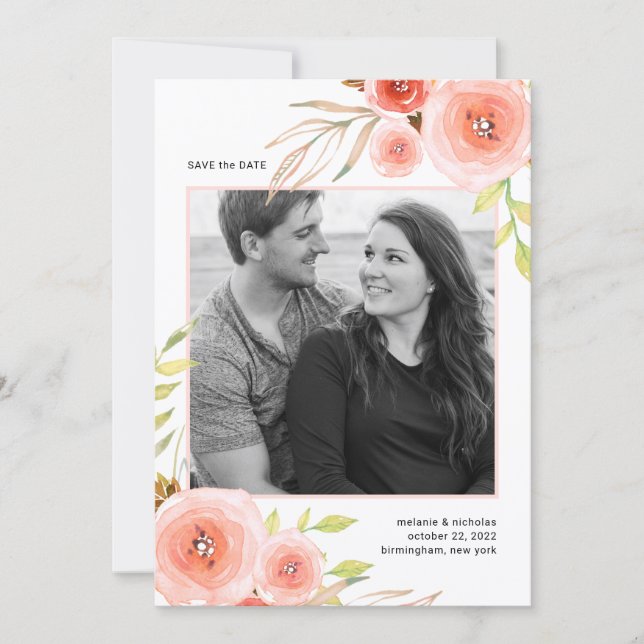 Blush Pink Floral photo save the date card (Front)