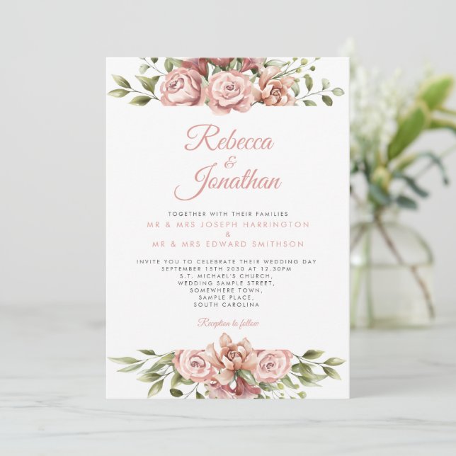 Blush Pink Floral Photo Wedding Invitation (Standing Front)