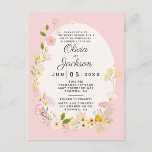 Blush pink floral postcard rehearsal dinner invite