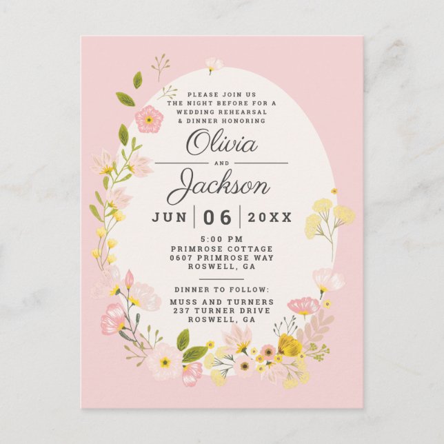 Blush pink floral postcard rehearsal dinner invite (Front)