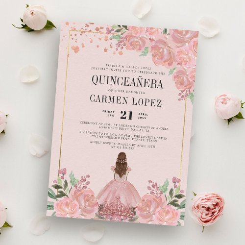 Blush Pink Floral Princess Birthday Quinceanera In Invitation