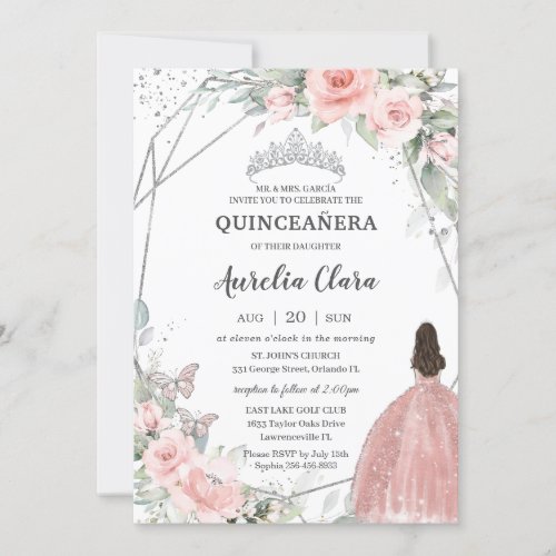 Blush Pink Floral Princess Butterflies Quinceaera Invitation