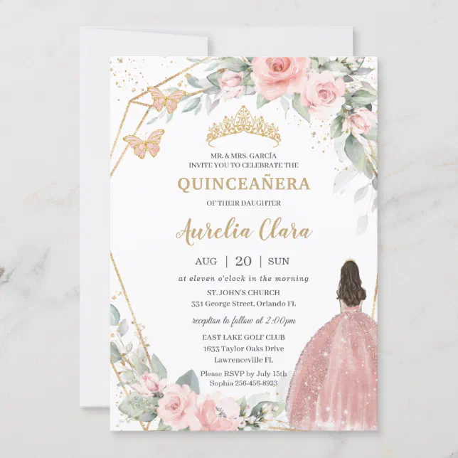 Blush Pink Floral Princess Butterflies Quinceañera Invitation | Zazzle