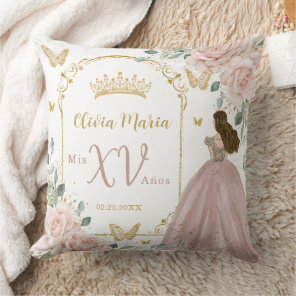 Blush Pink Floral Princess Butterflies Quinceañera Throw Pillow