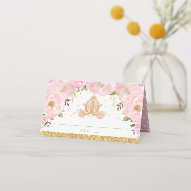 Blush Pink Floral Princess Carriage Guest Name Place Card (Front)