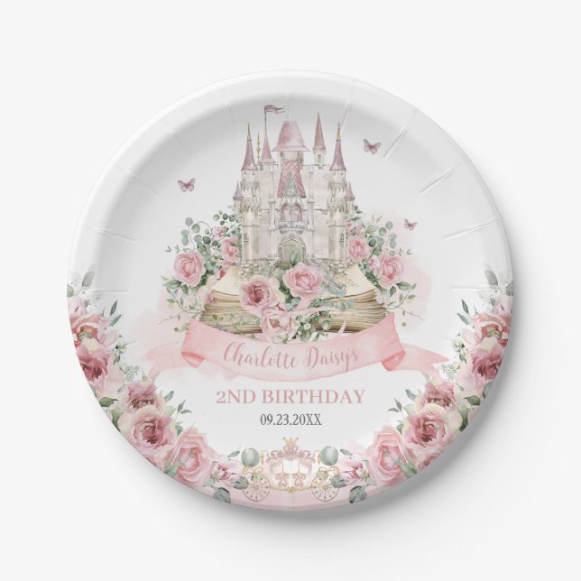 Blush Pink Floral Princess Castle Storybook Book Paper Plates (Front)