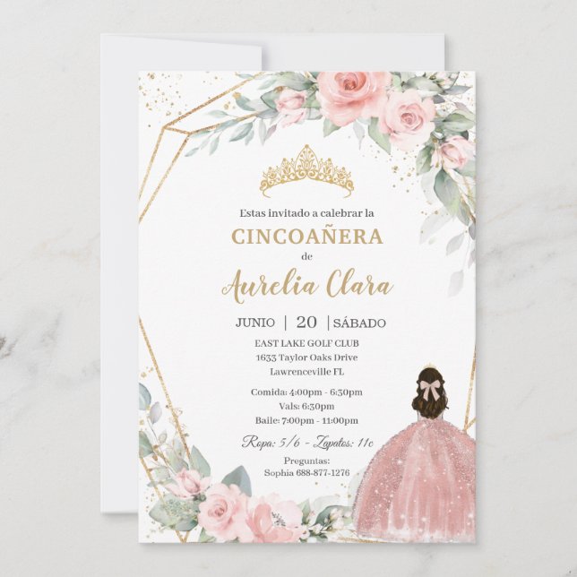 Blush Pink Floral Princess Cincoañera 5th Birthday Invitation (Front)