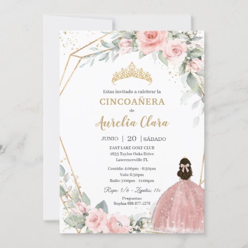 Blush Pink Floral Princess Cincoaera 5th Birthday Invitation