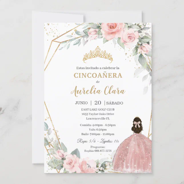 Blush Pink Floral Princess Cincoañera 5th Birthday Invitation | Zazzle