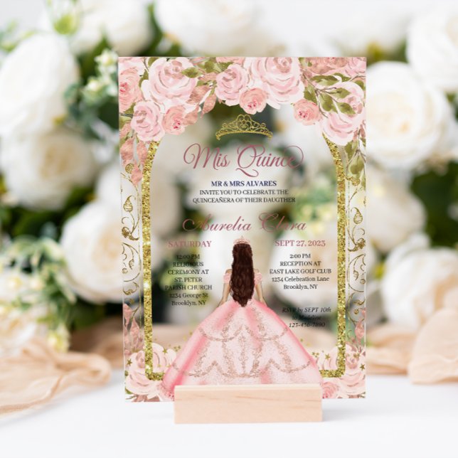 Blush Pink Floral Princess Gold Arch Quinceanera Acrylic Invitations (Creator Uploaded)