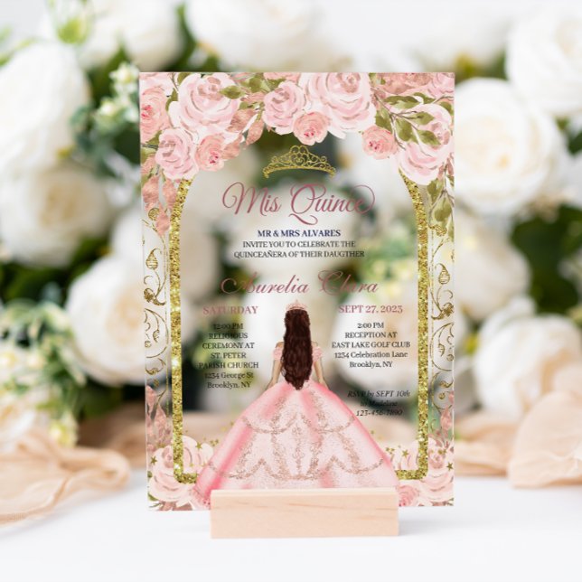 Blush Pink Floral Princess Gold Arch Quinceanera I Acrylic Invitations (Creator Uploaded)
