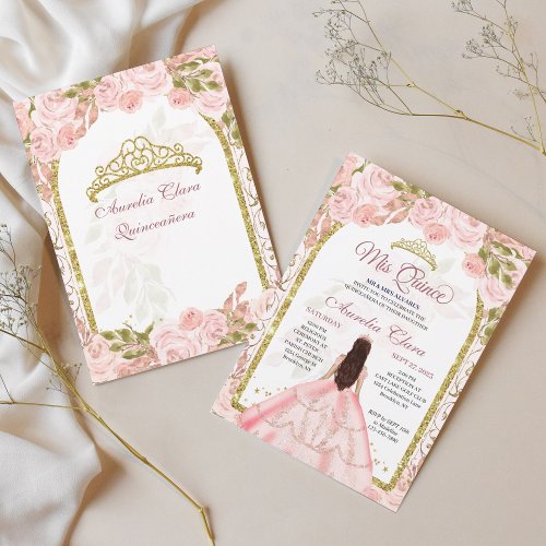 Blush Pink Floral Princess Gold Arch Quinceanera I Invitation