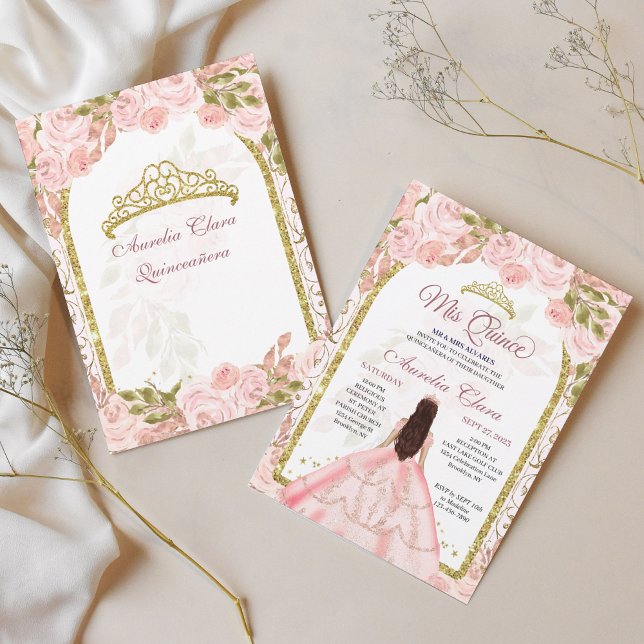 Blush Pink Floral Princess Gold Arch Quinceanera I Invitation (Creator Uploaded)