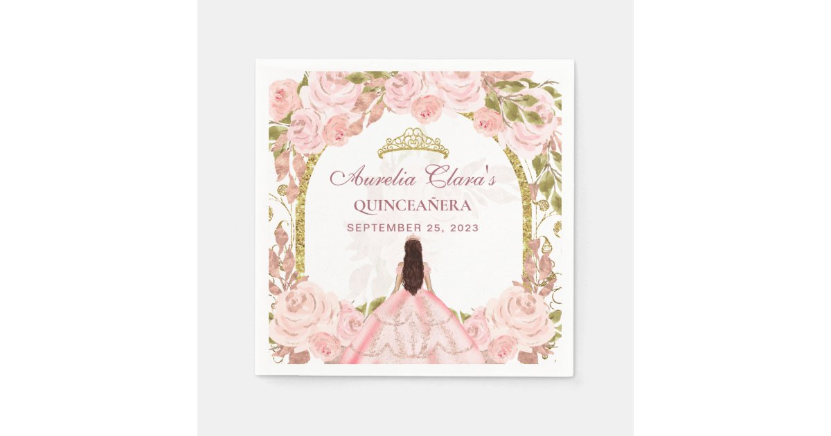 Blush Pink Floral Princess Gold Arch Quinceanera Napkins | Zazzle