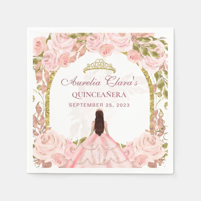 Blush Pink Floral Princess Gold Arch Quinceanera Napkins | Zazzle