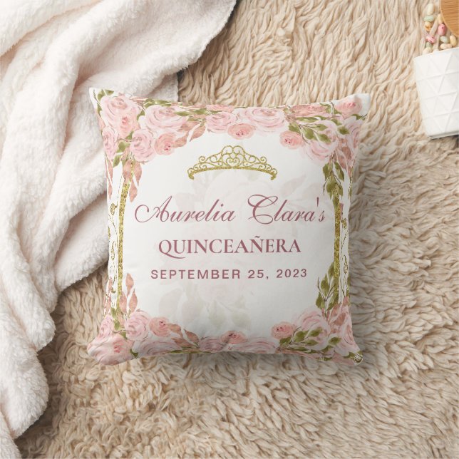Blush Pink Floral Princess Gold Arch Quinceanera Throw Pillow (Blanket)