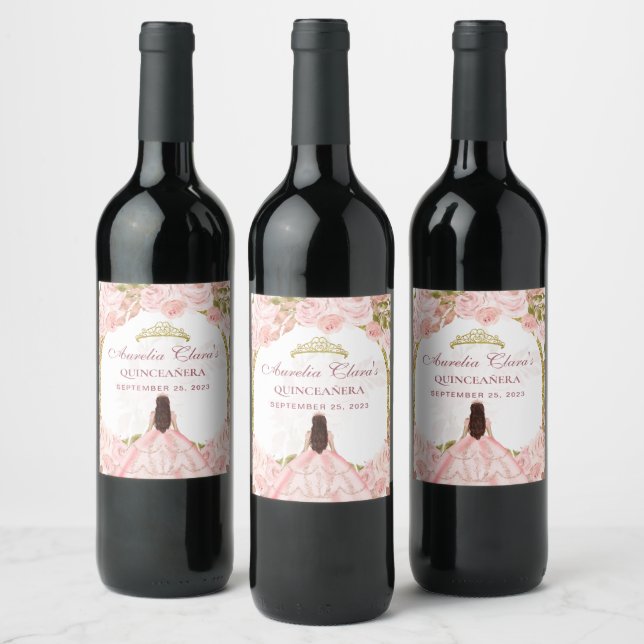 Blush Pink Floral Princess Gold Arch Quinceanera  Wine Label (Bottles)