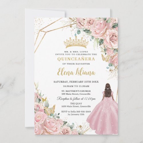Blush Pink Floral Princess Gold Quinceanera 15 XV