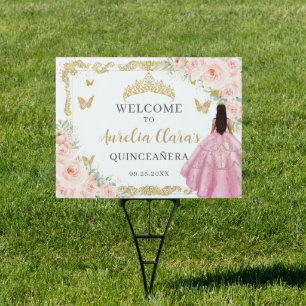 Blush Pink Floral Princess Gold Quinceanera Yard Sign