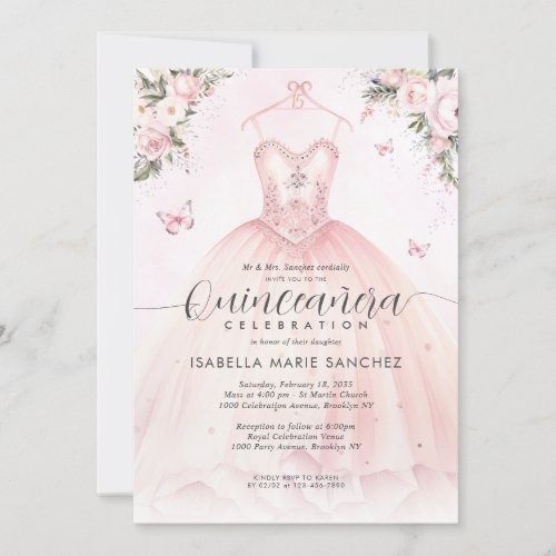 Blush Pink Floral Princess Gown Dress Quinceanera Invitation