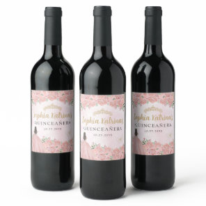 Blush Pink Floral Princess Quinceanera Birthday Wine Label