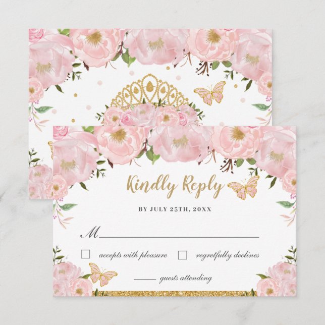 Blush Pink Floral Princess Quinceañera Butterflies RSVP Card (Front/Back)