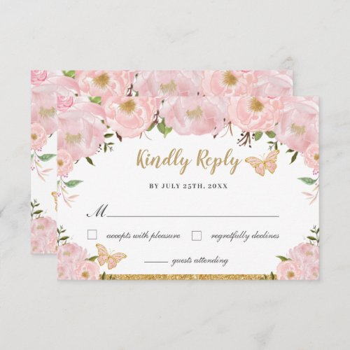 Blush Pink Floral Princess Quinceaera Butterflies RSVP Card