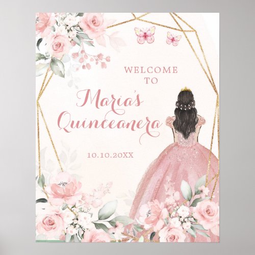 Blush Pink Floral Princess Quinceaera Welcome Poster