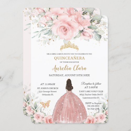 Blush Pink Floral Princess Rose Gold Quinceaera I Invitation